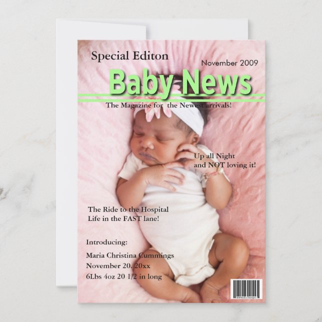 Magazine Cover Birth Announcement (Green) Ankündigung (Vorderseite)