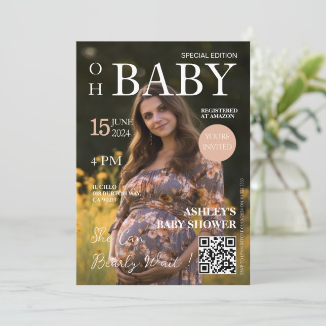 Magazine Cover Foto Baby Shower Einladung (Stehend Vorderseite)