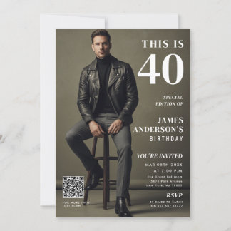Magazine Cover Photo Mens 40th Birthday QR Code Einladung