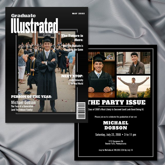 Magazine Four Foto Schwarze Abschlussfeier Einladung (Magazine Four Photo Black Graduation Party Invitation)