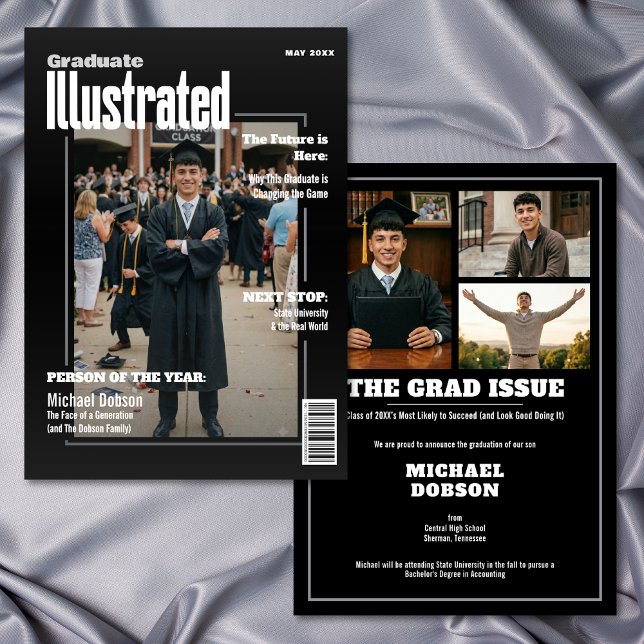 Magazine Four Photo Black Graduation Announcement Einladung (Magazine Four Photo Black Graduation Announcement)