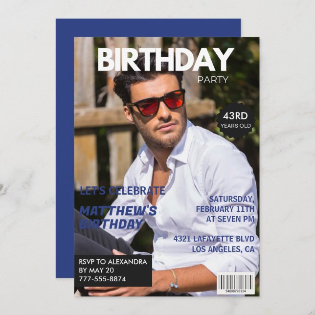 Magazine Navy Blue Foto Funny 43. Geburtstag Einladung (Vorne/Hinten)