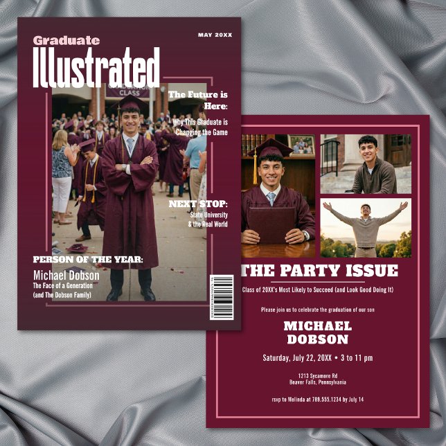 Magazine Vier Foto Marine Abiturparty Einladung (Magazine Four Photo Maroon Graduation Party Invitation)