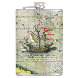 Magellans Schiff Victoria, Antike Karte Pazifische Flachmann