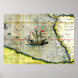 Magellans Schiff Victoria, Antike Karte Pazifische Poster