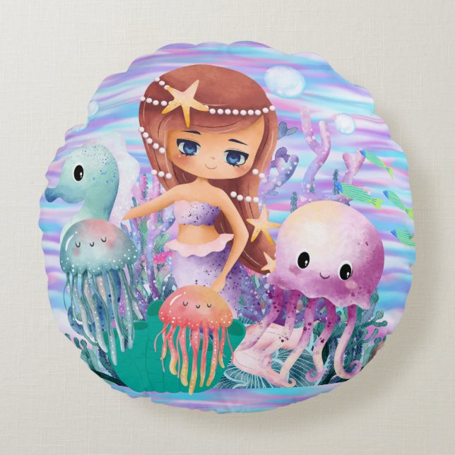 Magenmädchen mit einem Stern im Haar, der im Oce s Rundes Kissen (Vorderseite)
