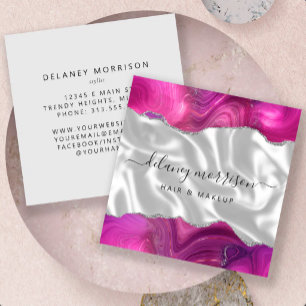 Magenta Achat Silber Glitter Weiß Luxus Quadratische Visitenkarte