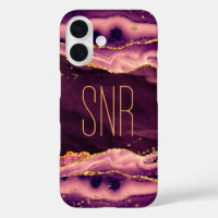 Magenta Agate Geode Monogram Name Gold Glitzer