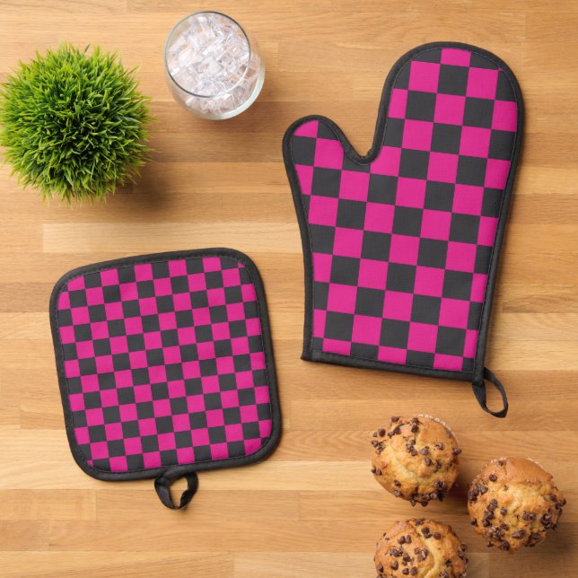 Magenta and smoke checkerboard pattern ofenhandschuh & Topflappen-Set (Oben Unten)