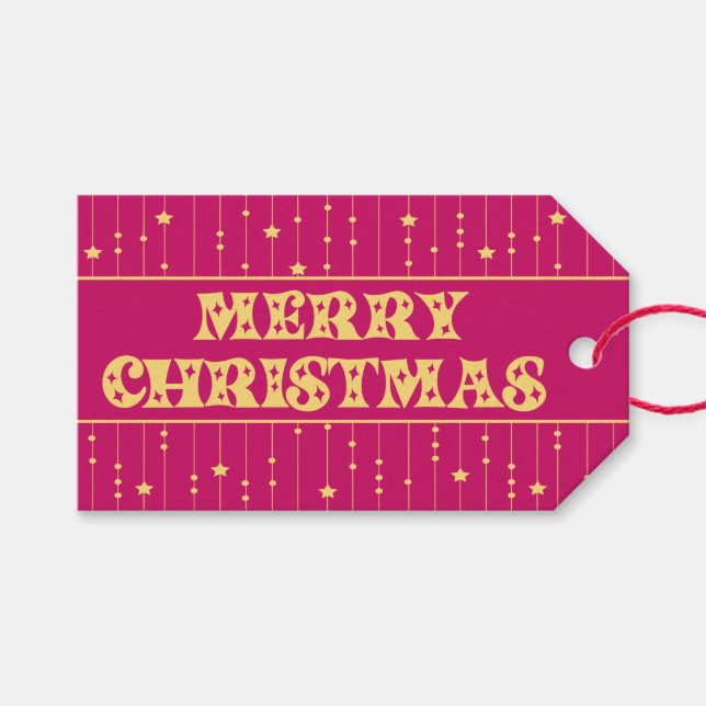 Magenta and Yellow Bright Stars Merry Christmas Geschenkanhänger (Vorderseite (Horizontal))