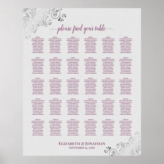 Magenta auf Grau 30 Tabelle Hochzeitstabelle Poster (Vorne)