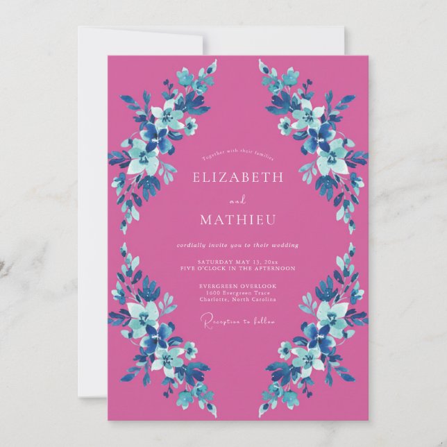 Magenta Azure Blossom Hochzeit Einladung (Vorderseite)