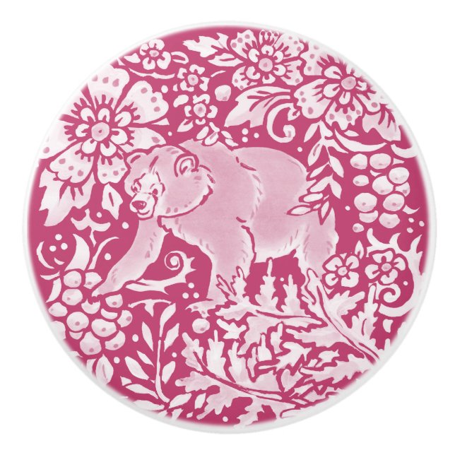 Magenta Bear Floral Forest Woodland Burgund Keramikknauf (Vorderseite)