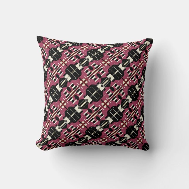 Magenta Beige Schwarz Diagonal Mosaik Tile Rows Kissen (Vorderseite)