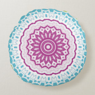 Magenta Blau und Grün Mandala Muster Rundes Kissen