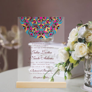 Magenta Blau Whimsical Florales Mandala-Hochzeit Acryleinladungen