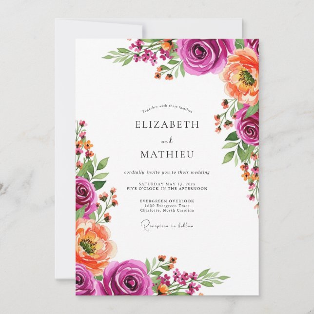 Magenta Bloom Botanische Hochzeit Einladung (Vorderseite)