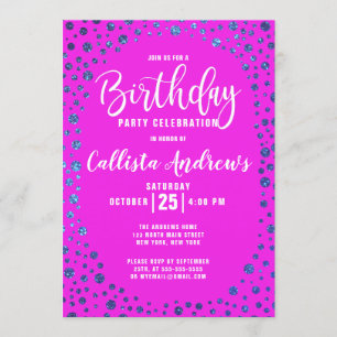 Magenta Blue Glitzer Confetti Border Birthday Einladung