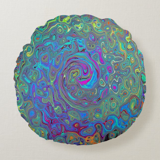 Magenta, Blue und Sea Foam Green Retro Swirl Rundes Kissen (Vorderseite)
