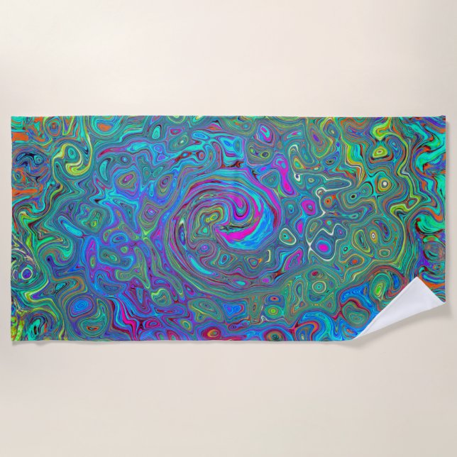 Magenta, Blue und Sea Foam Green Retro Swirl Strandtuch (Vorderseite)