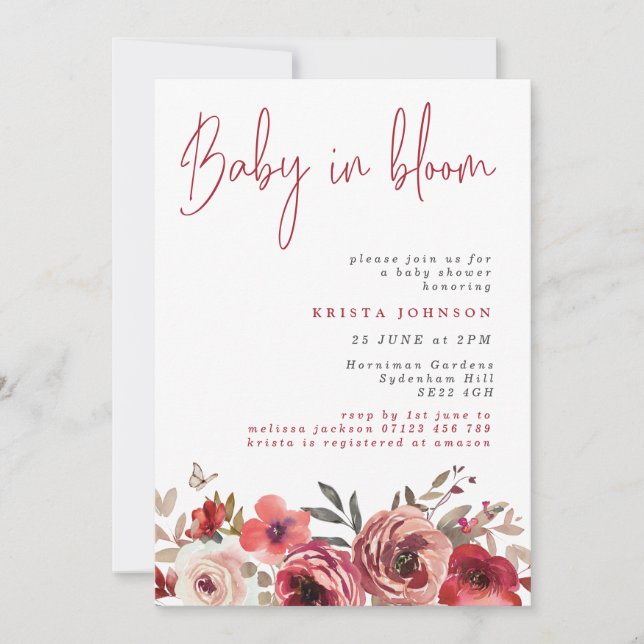 Magenta Blume Baby in Bloom Baby Dusche Einladung (Vorderseite)