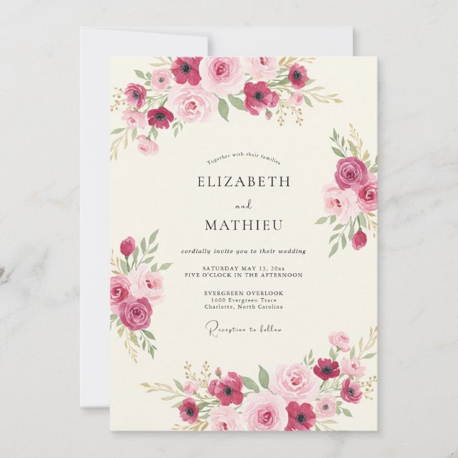 Magenta-Blush-Botanical-Hochzeit Einladung (Vorderseite)