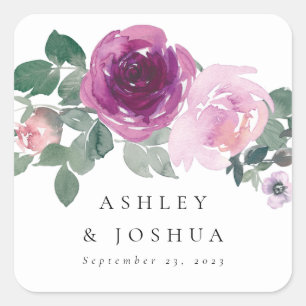 Magenta Blush Watercolor Floral Hochzeit Quadratischer Aufkleber