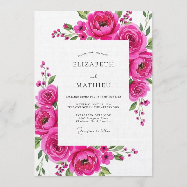 Magenta-Blüten-Hochzeit Einladung (Vorderseite)
