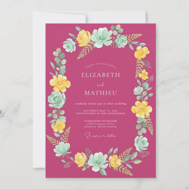 Magenta Blütenbogen Hochzeit Einladung (Vorderseite)