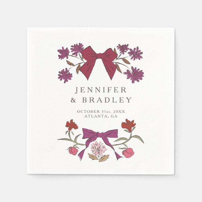 Magenta Boho Ribbons und Blume Hochzeit Serviette (Vorderseite)