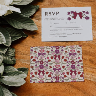 Magenta Bow Floral Wedding RSVP Meal Choice Karte