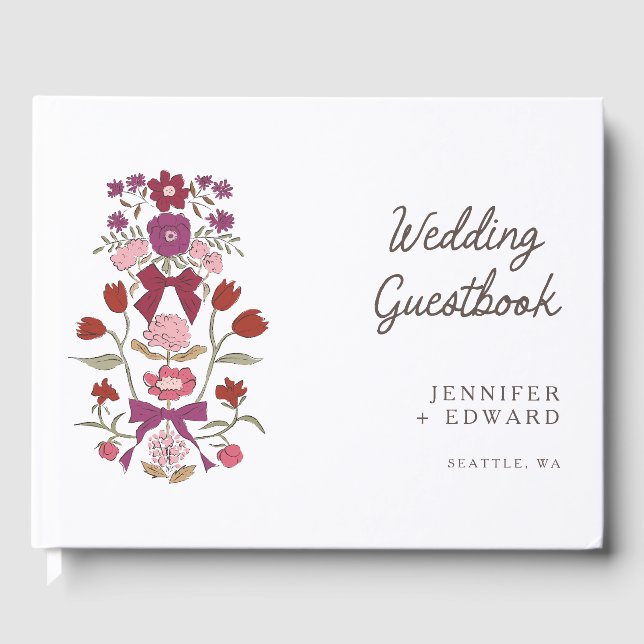Magenta Bows & Blossoms Blumenhochzeit Gästebuch (Vorderseite)