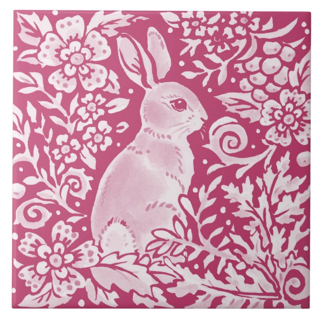Magenta Bunny Rabbit Woodland Tierart Flora Fliese (Vorderseite)