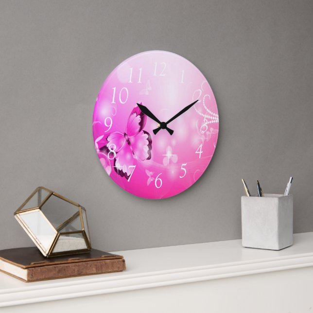 Magenta Butterfly Große Wanduhr (Büro)