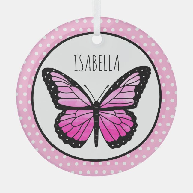 Magenta Butterfly Polka Dot Personalisiert Ornament Aus Glas (Vorderseite)