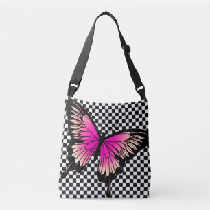 Magenta Butterfly Schachbrett Cross Body Toag Tragetaschen Mit Langen Trägern