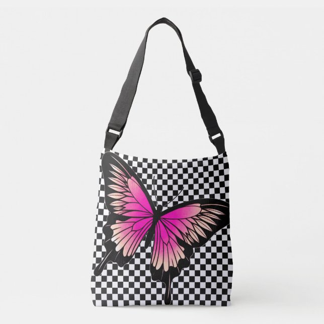 Magenta Butterfly Schachbrett Cross Body Toag Tragetaschen Mit Langen Trägern (Vorderseite)