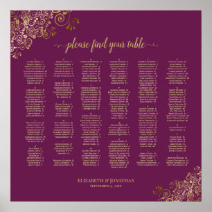 Magenta Cassis & Gold Alphabetische Sitzkarte Poster