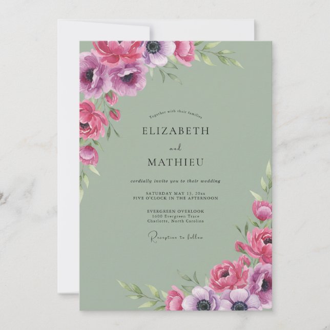 Magenta-Celadon-Anemone-Hochzeit Einladung (Vorderseite)