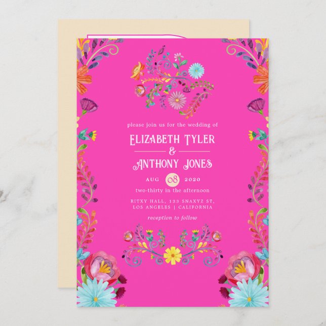 Magenta & Champagne Floral Mexican Fiesta Wedding Einladung (Vorne/Hinten)