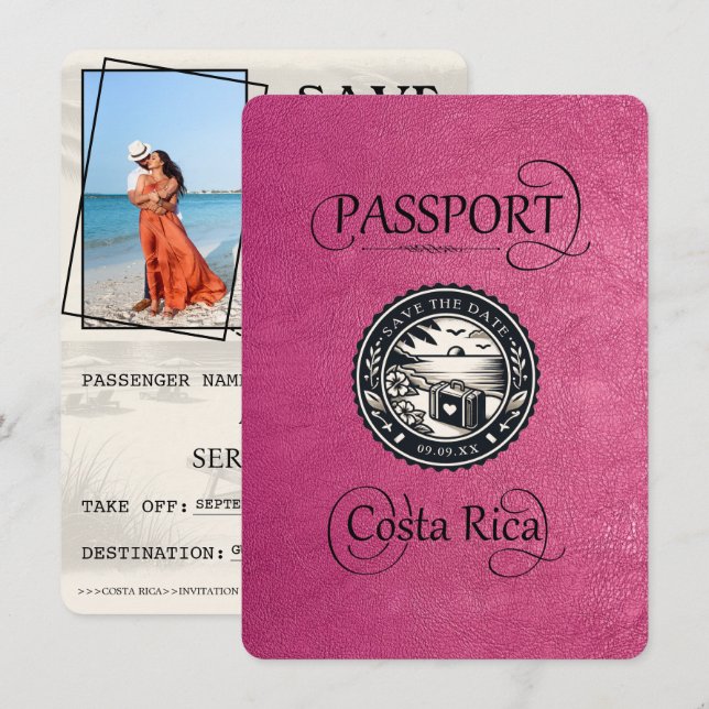 Magenta Costa Rica Passport Save The Date (Vorne/Hinten)