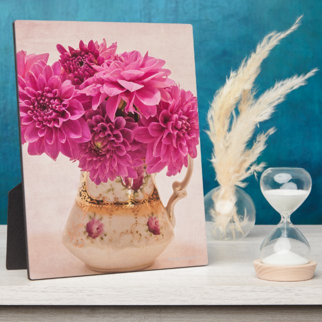 Magenta Dahlias in Vintag Vase Foto Plaque Fotoplatte (Seite)