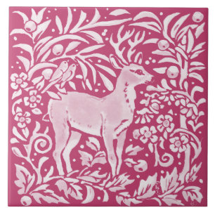 Magenta Deer Bird Animal Nature Woodland Floral Fliese