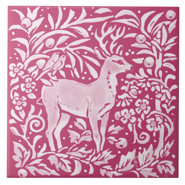 Magenta Deer Bird Animal Nature Woodland Floral Fliese (Vorderseite)