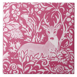 Magenta Deer Igel Bird Nature Woodland Floral Fliese