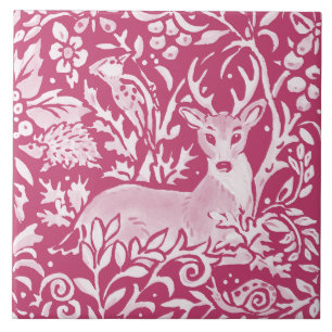 Magenta Deer Igel Bird Nature Woodland Floral Fliese