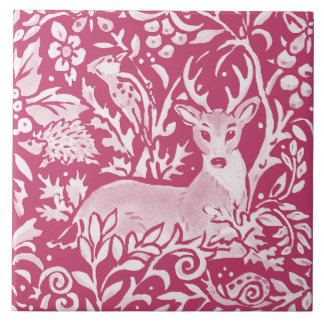 Magenta Deer Igel Bird Nature Woodland Floral Fliese