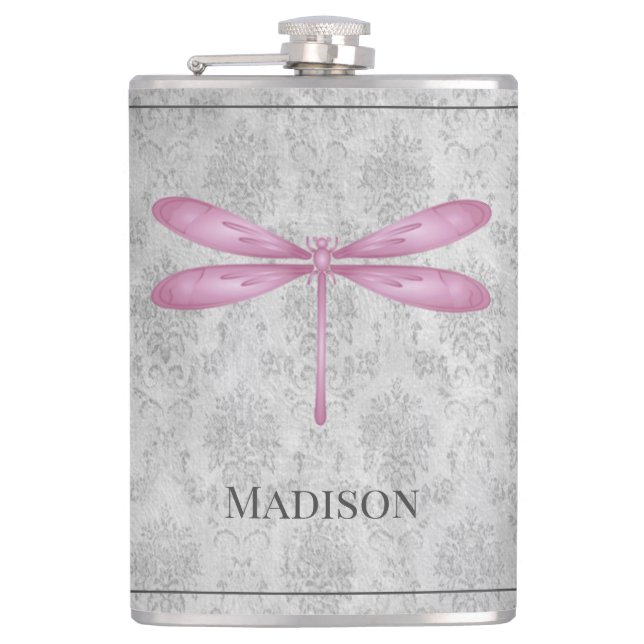 Magenta Dragonfly Damask Flask Flachmann (Vorderseite)