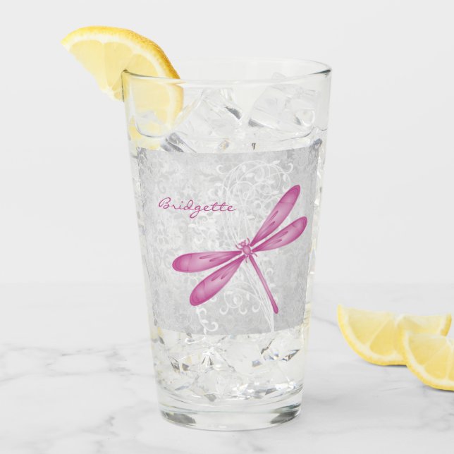 Magenta Dragonfly Personalisierter Glass Cup Glas (Vorderseite Ice)
