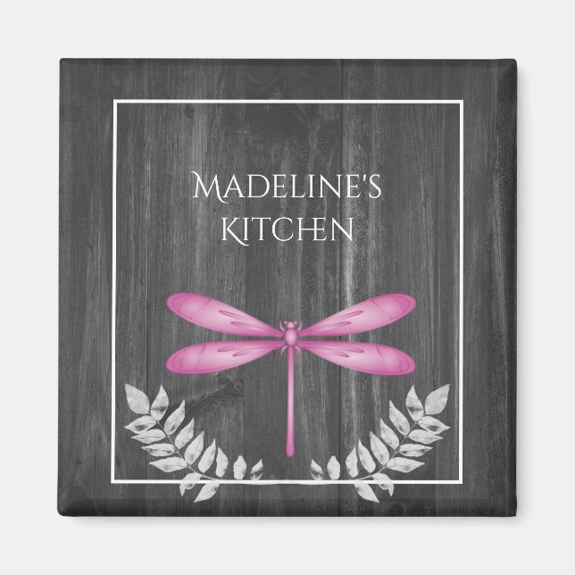 Magenta Dragonfly Rustic Magnet (Vorne)
